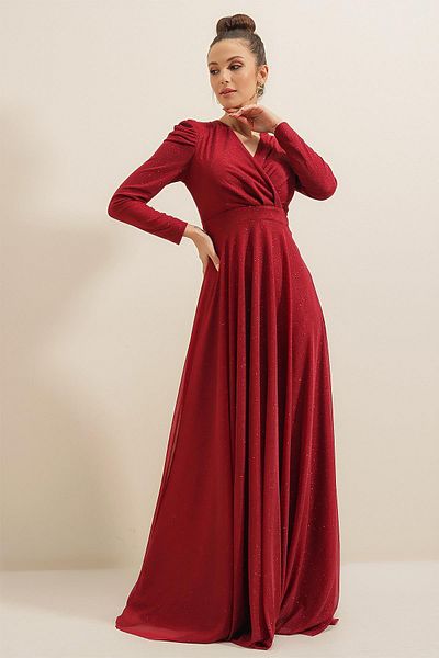 By Saygı Rochie lungă cu sclipici, cu guler, umeri, căptușeală plisată