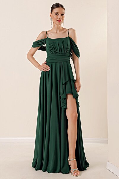 By Saygı Provazový pásek s nízkým rukávem vpředu s řaseným volánem vpředu na boku, podšité rozparkem, dlouhé šifonové šaty