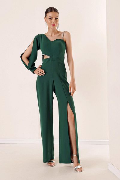 By Saygı Single Sleeve Stony Rope Strap Crepe Jumpsuit with Low-cut Waist and Slit on the Leg