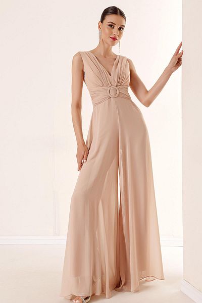 By Saygı Low Waist Front Back V Neck Lined Chiffon Jumpsuit