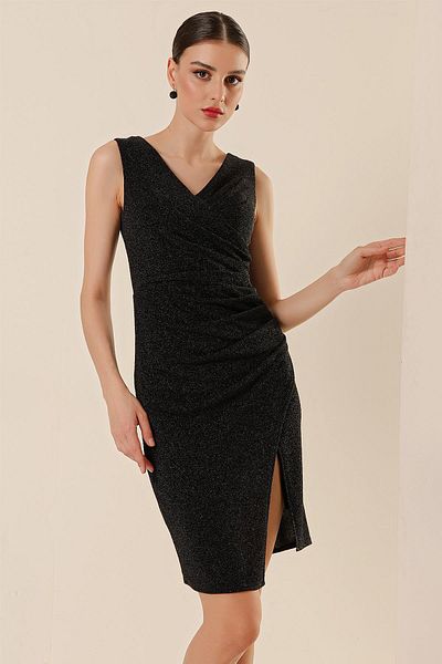 By Saygı Lycra-Glitzerkleid mit plissiertem Futter und Schlitz auf der Vorderseite