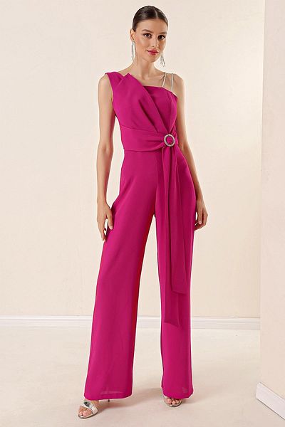 By Saygı Crepe Palazzo Jumpsuit with One Side Buckle and Drap - Double String Straps
