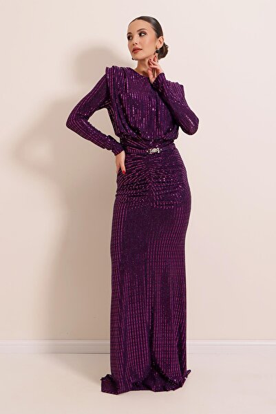 By Saygı Rochie lungă cu mâneci lungi, adunate în față, căptușite, centură în talie