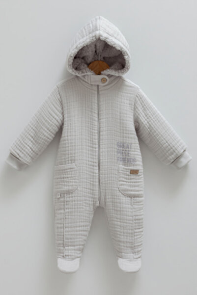 Caramell Kapüşonlu Müslin Kumaş İçi Polarlı Patikli Kalın Erkek ve Kız Bebek ...