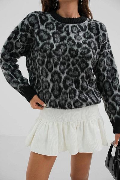 Ecenin Favorileri Pulover cu barbă neagră cu model leopard