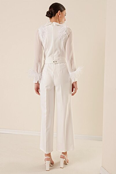 By Saygı Kombinéza s detaily rukávů z peří, Šifon Kapsy v pase
