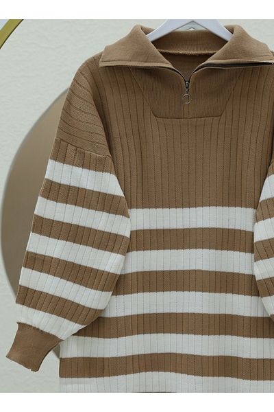 Modamorfo Ribbed Mink Knitwear Tunic - Half Throat and Zipper