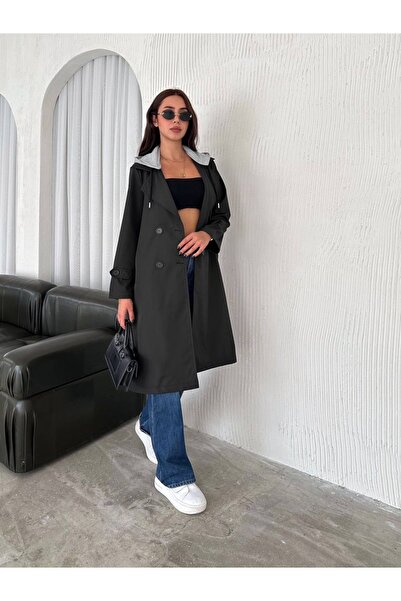 gozdefashion Kadın Gri Kapüşon Detaylı Uzun Trençkot