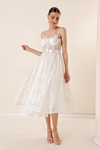 By Saygı Rope Strap Underwire Lined See-Through Tulle Dress with Waist Belt