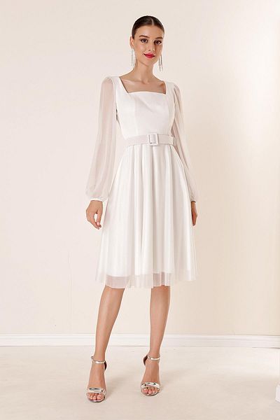 By Saygı Glitzerkleid mit quadratischem Kragen, Gürtel, Ballonärmeln und Futter