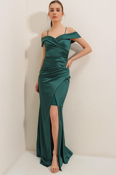By Saygı Boat Neck Skirt Pleated Lined Satin Long Dress