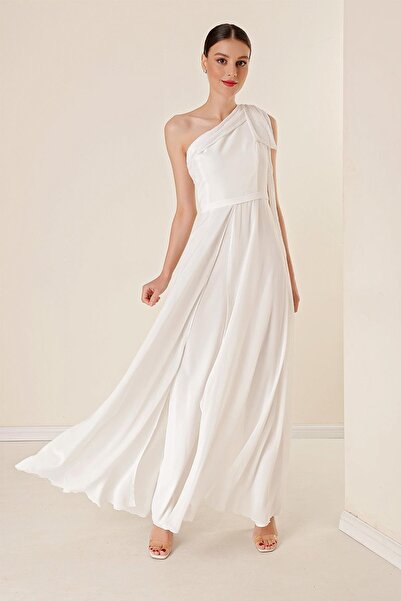 By Saygı Pulpayet Yaka Tek Omuzlu Üstü Şifon Krep Tulum