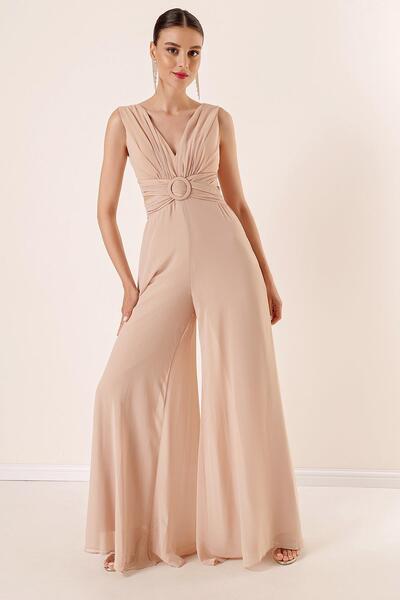 By Saygı Low Waist Front Back V Neck Lined Chiffon Jumpsuit