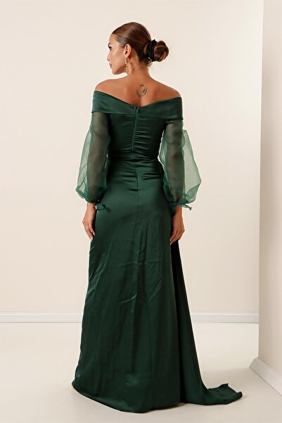 By Saygı Dlouhé krepové saténové šaty s límečkem Madonna s podšívkou z organzy