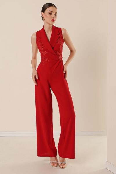 By Saygı Double Breasted Collar Bead and Embroidery Embroidered Jumpsuit