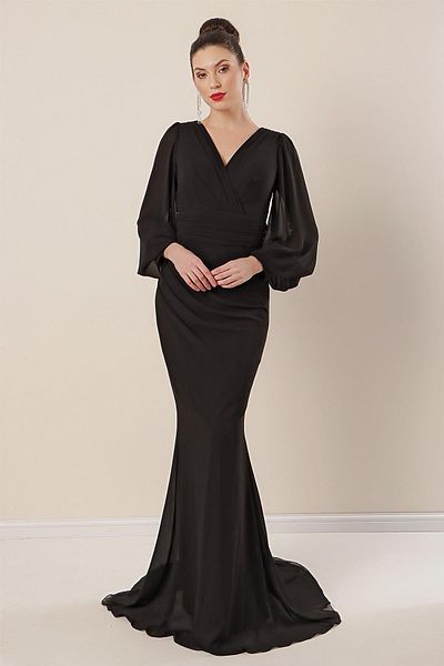By Saygı Zweireihiges, langes Chiffonkleid mit Kordelzug vorne