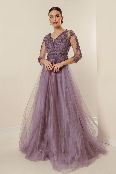 By Saygı Front Back V Neck Top Glitter Motif Lined Long Tulle Dress