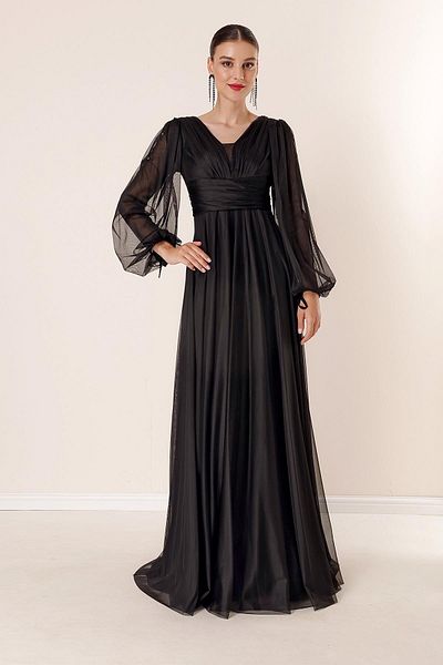 By Saygı Langes, drapiertes, gefüttertes Tüllkleid mit V-Ausschnitt vorne und vorne hinten