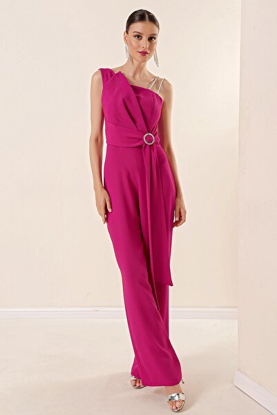 By Saygı One Side Stone Double Rope Strap Draped Waist Buckle Detailed Palazzo Crepe Jumpsuit