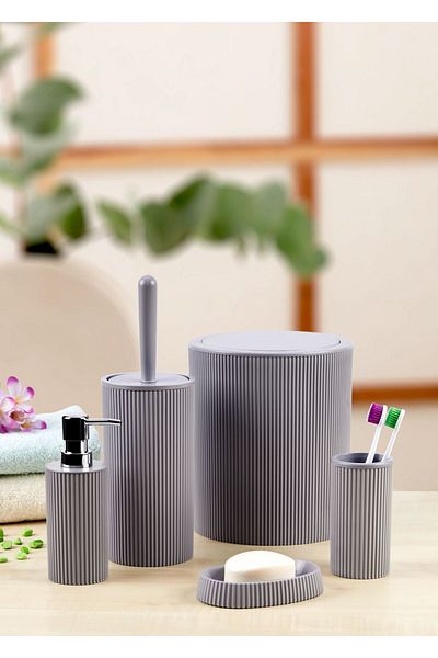 Lida Round Model 5-Piece Bathroom Set - Trash Can, Wc Brush, Liquid Soap Dispenser, Toothbrush Holder and Solid Soap Dispenser