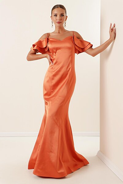 By Saygı Provazový popruh s nízkým rukávem Šněrování vzadu Podšívka Dlouhé saténové šaty