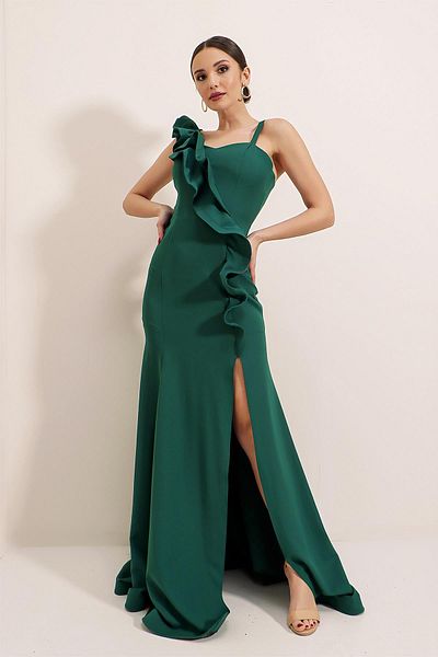 By Saygı One Shoulder Lettuce Front Flounce Slit Lined Long Dress
