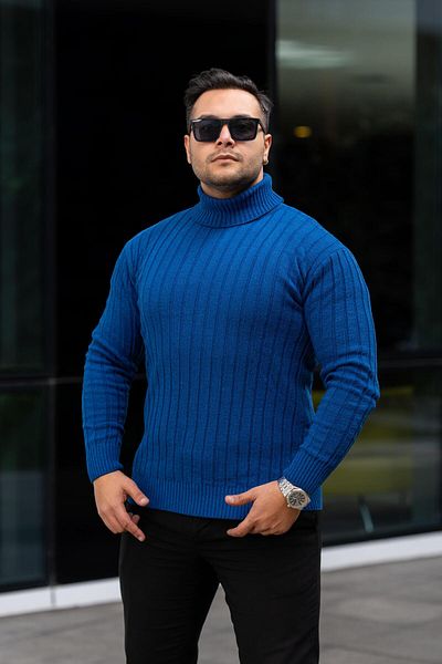 VİP LOKAL Pulover pentru bărbați Saks Blue, slim fit, cu gât, tricotaj