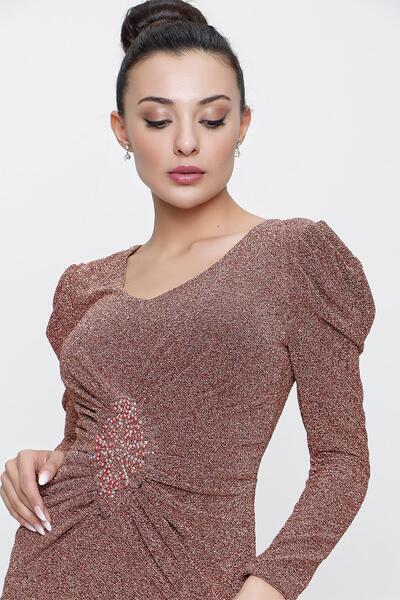 By Saygı Long Sleeve Silvery Long Dress with Lining and Diamond Detail on the Waist