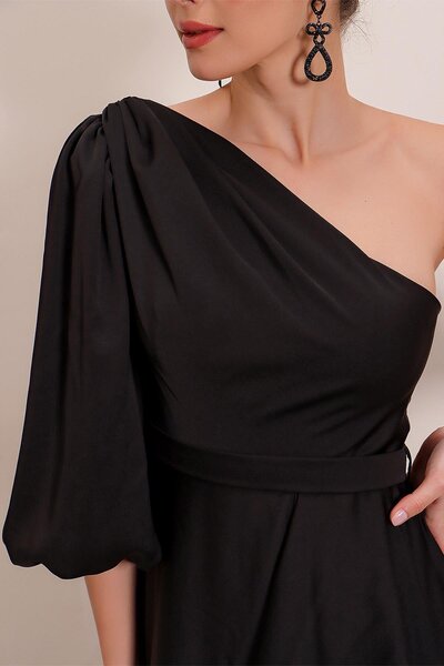 By Saygı One Sleeve Flounce Front Lined Crepe Satin Long Dress