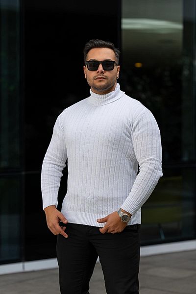VİP LOKAL Pulover alb pentru bărbați, slim fit, cu gât înalt