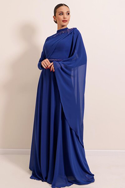 By Saygı Shoulder And Waist Bead Detailed Lined Chiffon Long Dress Saks