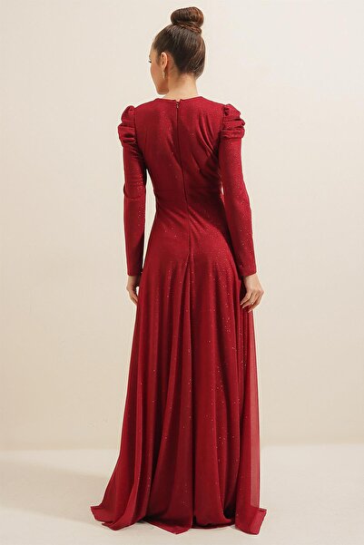By Saygı Tie-Up Neckline Shoulders Pleated Lined Long Dress with Glitter