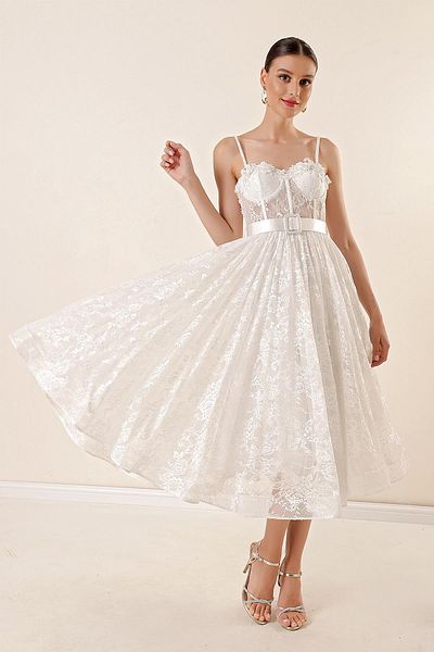 By Saygı Rope Strap Underwire Lined See-Through Tulle Dress with Waist Belt