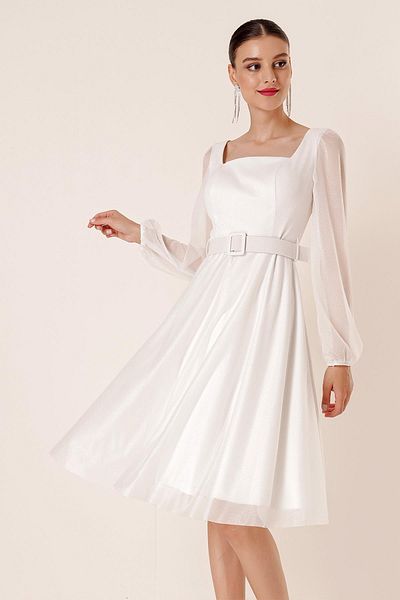 By Saygı Glitzerkleid mit quadratischem Kragen, Gürtel, Ballonärmeln und Futter