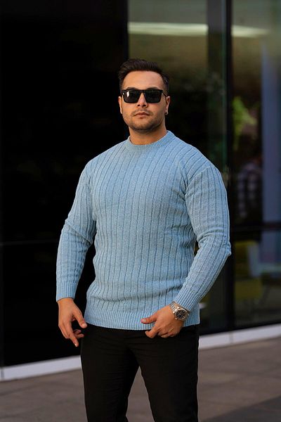 VİP LOKAL Pulover din tricotaje cu model, albastru baby, slim fit