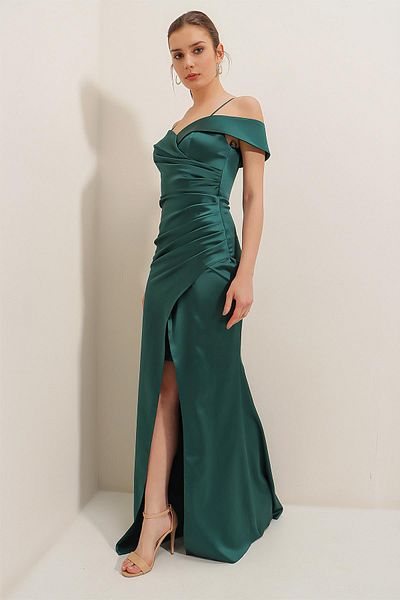 By Saygı Boat Neck Skirt Pleated Lined Satin Long Dress