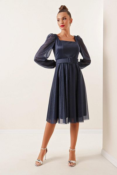 By Saygı Glitzerkleid mit quadratischem Kragen, Gürtel, Ballonärmeln und Futter