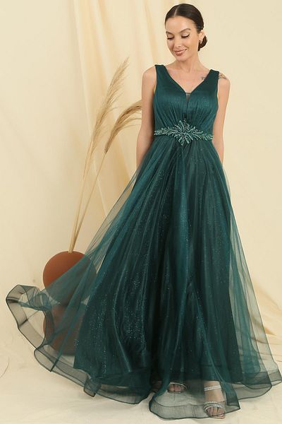 By Saygı V-neck Waist Jewelled Lined Glittery Top Inside Satin Long Princess Dress