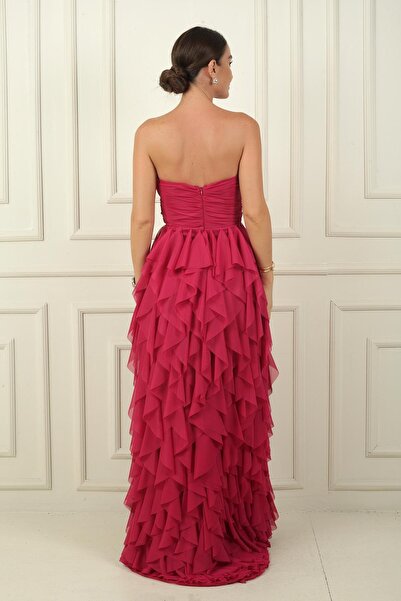 By Saygı STone DeTailed STrapless Draped Flounce Long Tulle Dress - Side SliT