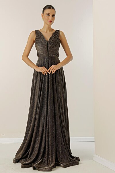 By Saygı Thick Strap Lined Mini Checkered Wide Size Glittery Long Dress