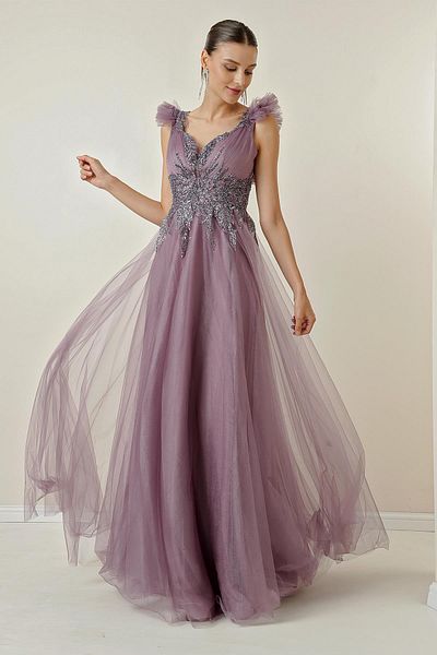 By Saygı Tie Back Beaded Embroidered Lined Tulle Long Dress