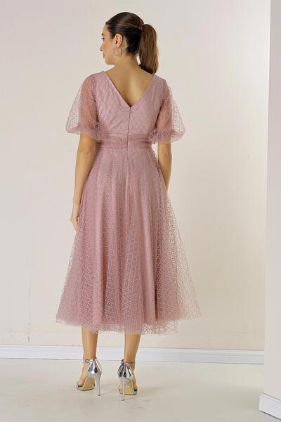 By Saygı Přední zadní strana výstřih do V krátký balónkový rukáv čtvercový flekatý třpytivý šaty Dalya s podšívkou