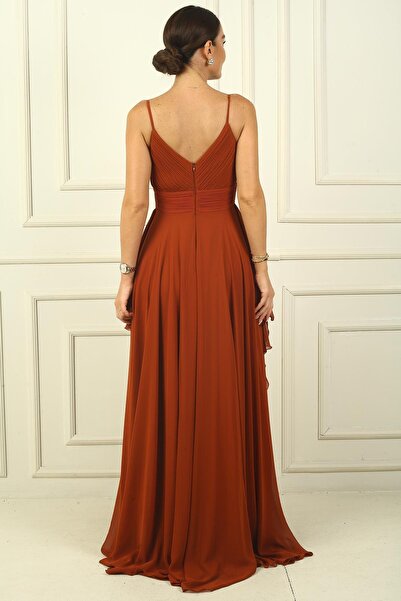 By Saygı Chiffon long Dress - Rope Strap, Side Slit, lining and Flounce