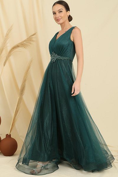 By Saygı V-neck Waist Jewelled Lined Glittery Top Inside Satin Long Princess Dress