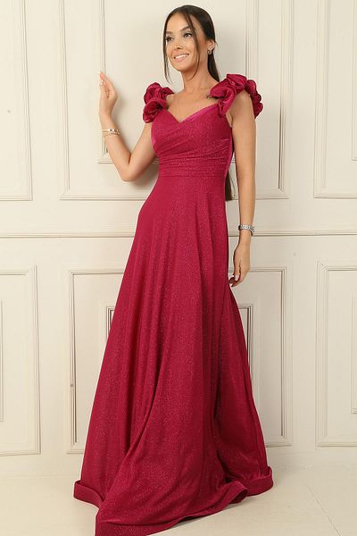 By Saygı Rochie lungă drapeată strălucitoare - mânecă volantă joasă