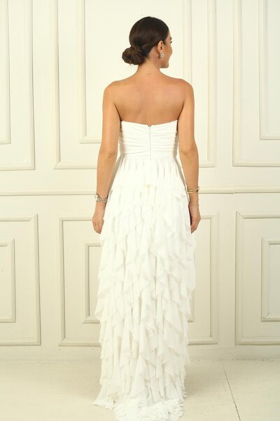 By Saygı STone DeTailed STrapless Draped Flounce Long Tulle Dress - Side SliT