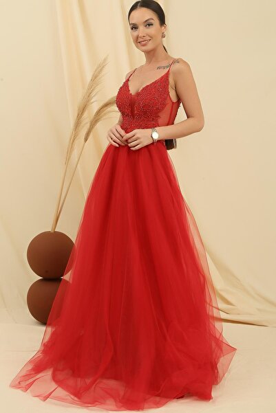 By Saygı Rope Strap Guipure Bead Detailed Lined Long Tulle Dress