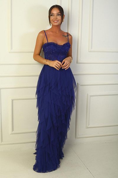 By Saygı Strapless and Fringed Bead Rope Strap Long Tulle Dress