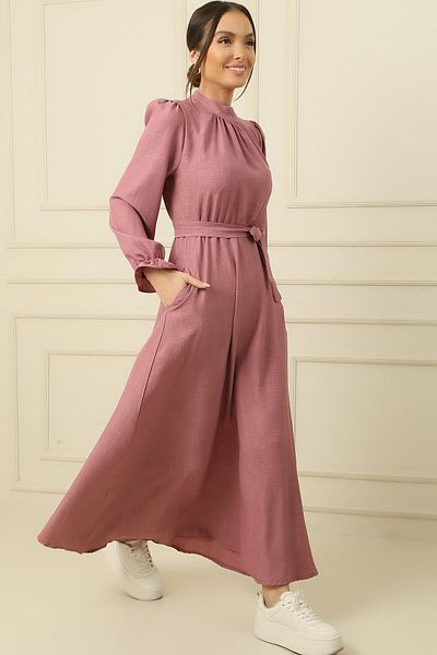 By Saygı Rochie lunga cu efect de in, cu talie cu curea si buzunare laterale