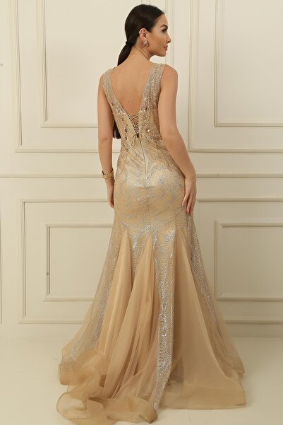 By Saygı Glittery Long Fish Dress with Sequin and Beaded Lining and Tie Back